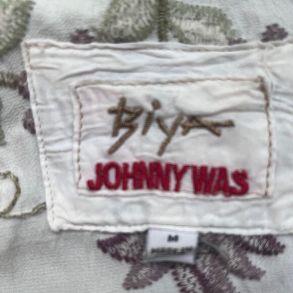 Johnny Was Biya Blair Satin Tunic Blouse Women’s medium Embroidered Ivory Boho - Picture 7 of 12